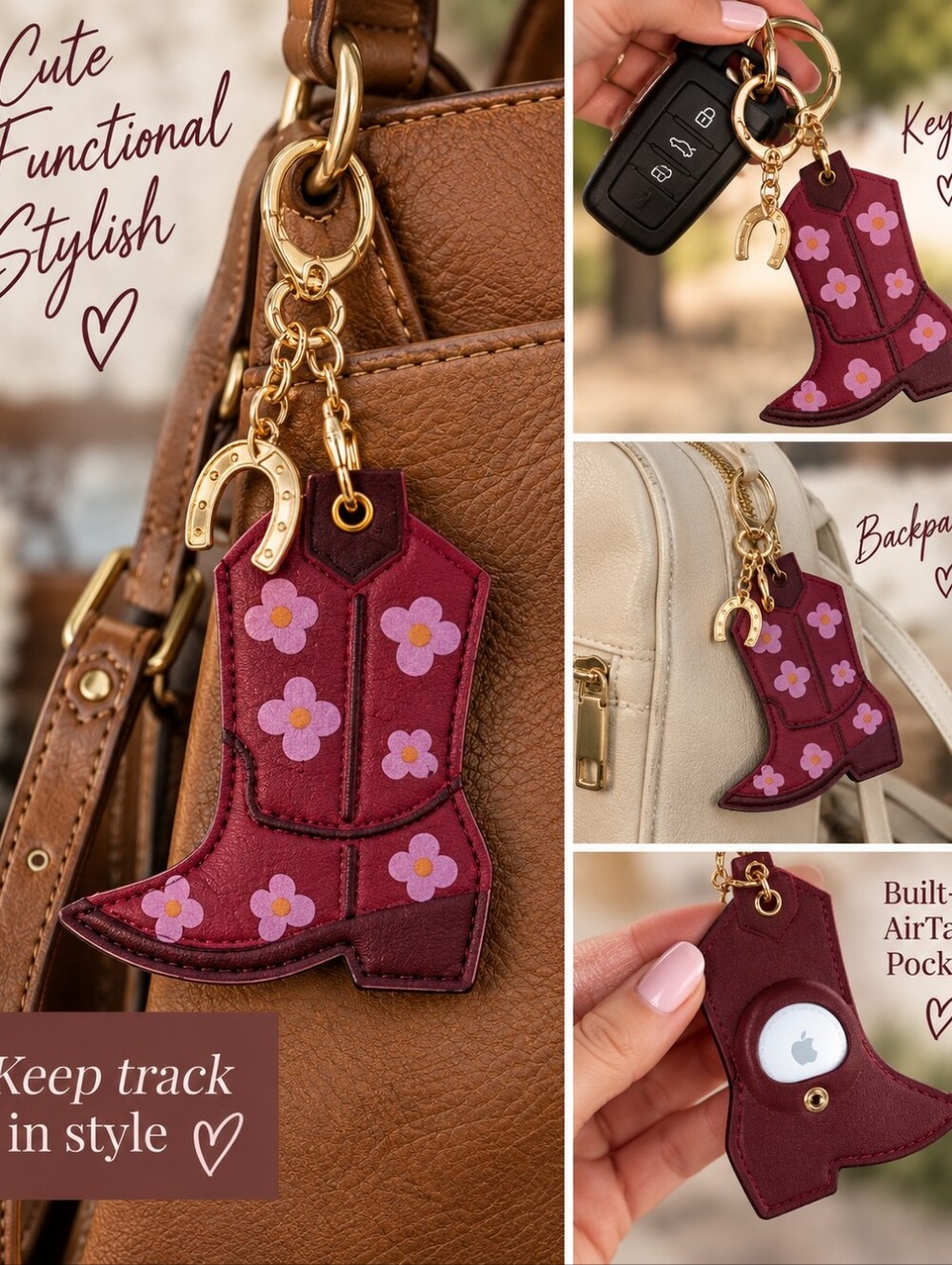 NWT Western Cowboy Boot Floral AirTag Holder Keychain Bag Charm